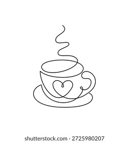 Minimalist black and white vector valentine continuous line art illustrating a steaming coffee cup with a heart design, conveying warmth and passion