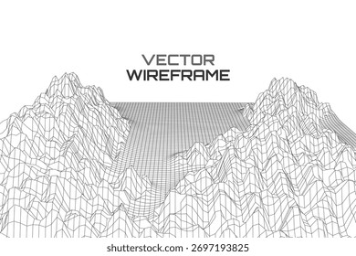 Paisagem de wireframe de vetor em preto-e-branco minimalista, ideal para planos de fundo tecnológicos abstratos, visualização de dados e design limpo