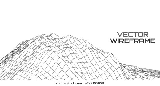 Paisagem de wireframe de vetor em preto-e-branco minimalista, ideal para planos de fundo tecnológicos abstratos, visualização de dados e design limpo