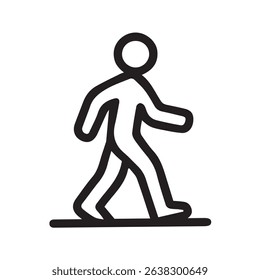A minimalist black and white walking figure icon. Illustrates movement, pedestrian crossing, accessibility, and general direction.