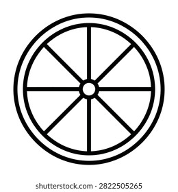 A minimalist black and white wheel icon with six spokes, simple design element