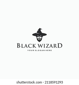 minimalist BLACK WIZARD silhouette logo design