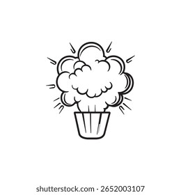 A minimalist, black-and-white cartoon illustration presents a cupcake with cloud-like frosting, emanating radiating lines above and below, set against a white backdrop.