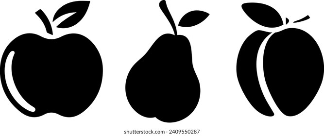 A minimalist black-and-white design, skillfully intertwining the iconic shapes of an apple, pear, and peach. This sleek emblem captures the essence of simplicity and natural elegance, making it a time