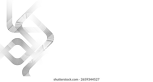 Minimalist black-and-white geometric maze pattern with curved line grids fading into white. Ideal for technology, abstract, and modern design backgrounds.