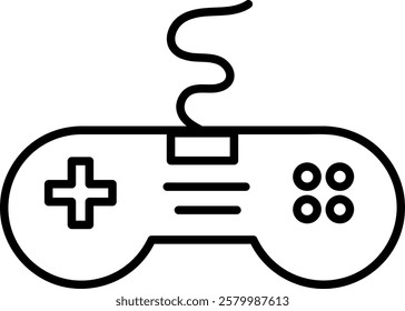 A minimalist black-and-white icon of a classic gaming controller with a directional pad, buttons, and a cord. The retro design is perfect for gaming, entertainment, and technology-related projects.