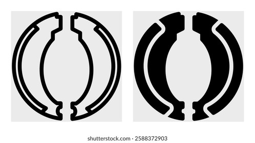 Minimalist black-and-white icon of drum brake shoes, essential for motorcycle braking systems. Designed in a simple, clean style, making it ideal for automotive-related graphics, repair shop branding