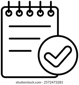 Minimalist black-and-white icon of a notepad with a checkmark symbol, representing completed tasks, approvals, or verified notes. Perfect for productivity, task management, or checklist applications.