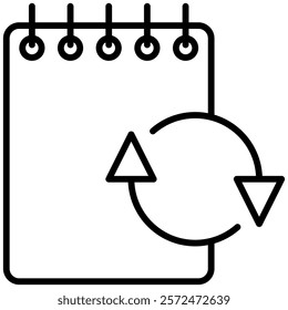 Minimalist black-and-white icon of a notepad with a refresh or sync symbol. Suitable for productivity, task management, or update-themed designs.