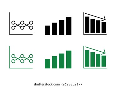 A minimalist black-and-white icon set featuring a line graph, vertical bar chart, and declining bar graph with an arrow, perfect for business presentations, reports, and financial content.
