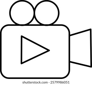 A minimalist black-and-white icon of a video camera with a play button at its center. The design is clean and modern, suitable for use in media, film production, or video streaming contexts.