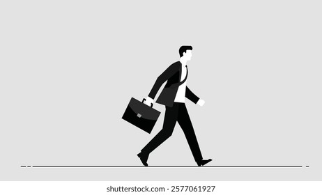 A minimalist black-and-white illustration of a businessman walking confidently with a briefcase. The design symbolizes professionalism, determination, and corporate ambition