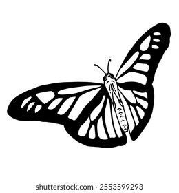 A minimalist black-and-white illustration featuring a butterfly with large, symmetrical wings. The wings are decorated with simple geometric patterns, such as curved lines and small circles.