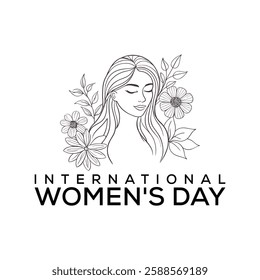 A minimalist black-and-white illustration of a serene woman with flowing hair, surrounded by flowers, accompanied by bold typography reading "International Women's Day."