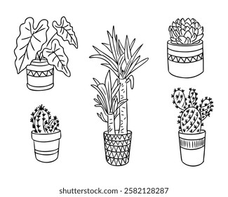 Minimalist black-and-white illustration of various potted plants, including cacti and succulents, with geometric decorative pots and intricate line details, suitable for coloring pages