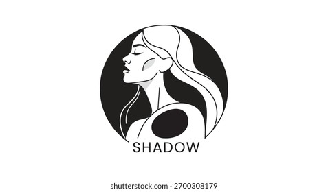 Uma ilustração em preto e branco minimalista do perfil de uma mulher em um quadro circular, com a palavra "SHADOW" abaixo