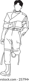 Minimalist black-and-white line art depicting a person dressed in fashion-forward, contemporary clothing without facial details, focusing on the unique attire and pose.