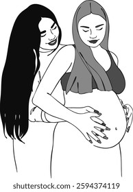 Minimalist black-and-white line art featuring females,  one pregnant women standing together in unity. Design for motherhood, sisterhood, support, LGBT family