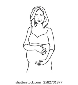 A minimalist black-and-white line art illustration of a happy pregnant woman. Vector illustration
