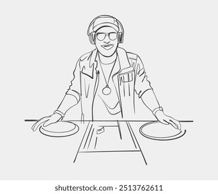 Dibujo minimalista en blanco y negro de un DJ que mezcla música en un tocadiscos, perfecto para temas de música y vida nocturna.