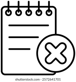 Minimalist black-and-white line icon of a notepad with a cross symbol, representing a canceled task or event. Perfect for productivity apps, task management tools, and scheduling interfaces.