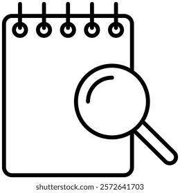 Minimalist black-and-white line icon of a notepad with a magnifying glass, symbolizing task search or review. Perfect for productivity apps, task management tools, and search interfaces.