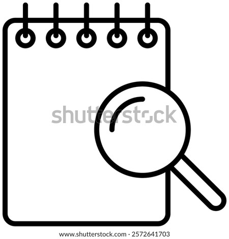 Minimalist black-and-white line icon of a notepad with a magnifying glass, symbolizing task search or review. Perfect for productivity apps, task management tools, and search interfaces.