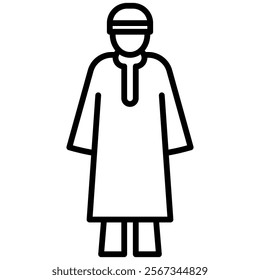 Minimalist black-and-white line icon of a person wearing traditional Islamic attire, symbolizing cultural and religious identity. Perfect for Ramadan, Eid content, and cultural designs.