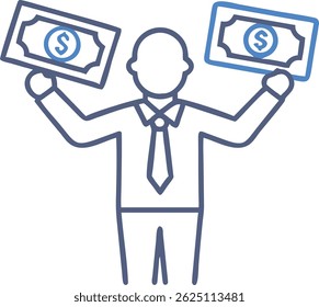 Minimalist Black-and-White Line-Art Illustration of Person Celebrating Financial Success with Dollar Bills

