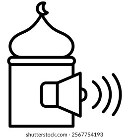 A minimalist black-and-white outline icon of a minaret with a speaker, symbolizing the call to prayer (adhan). Ideal for Islamic, religious, and cultural designs.