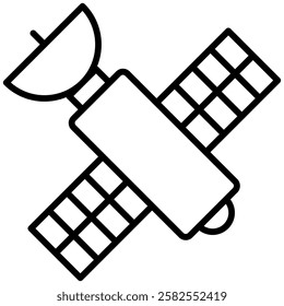 Minimalist black-and-white outline icon of a satellite, representing global communication, GPS, space technology, and data transmission.