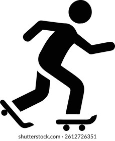 A minimalist black-and-white silhouette of a skateboarder in motion. The figure showcases dynamic action, with one foot pushing off the ground while the other remains steady on the skateboard. This vi