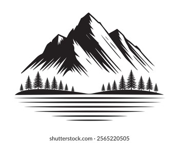 A minimalist black-and-white silhouette vector of a majestic mountain range with snowy peaks, surrounded by pine trees, evoking adventure, tranquility, and wilderness. Ideal for emblems, tattoos logo