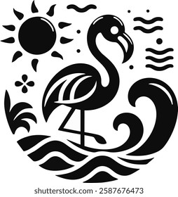 A minimalist black-and-white Spring Break logo featuring a stylized flamingo, waves, and sun, perfect for a clean and modern brand identity.