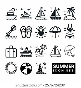 Minimalist black-and-white summer vector icon set featuring boats, palm trees, flip-flops, beach umbrellas, swimwear, and travel items. Clean and versatile for digital or print use