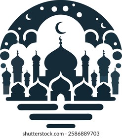 "Minimalist black-and-white vector illustration of a mosque with domes and minarets, symbolizing Islamic architecture and spirituality. Perfect for Ramadan, Eid, and religious-themed designs."