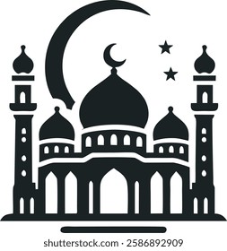 "Minimalist black-and-white vector illustration of a mosque with domes and minarets, symbolizing Islamic architecture and spirituality. Perfect for Ramadan, Eid, and religious-themed designs."