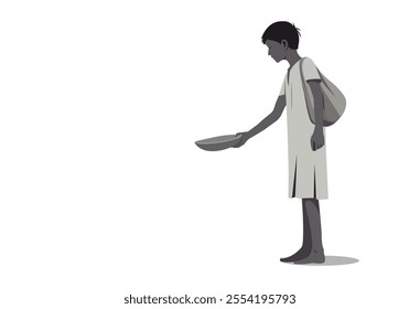 A minimalist black-and-white vector illustration of a ragged male beggar standing, holding a bowl, and pleading for help. The design reflects poverty, despair, and the struggle for survival.