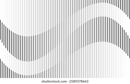 Minimalist Black-and-White Wave Illusion with Vertical Lines Creating a Flowing Abstract Geometric Pattern