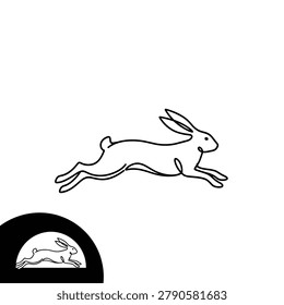 Minimalist black-line rabbit in mid-leap on white with circular inset at corner