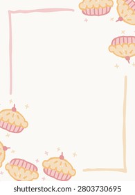 Minimalist blank frame template with small hand drawn cute pies corner border
