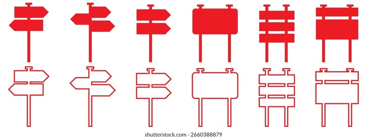 Minimalist blank signpost icon set. Directional and informational road sign templates for custom text or symbols 