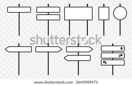 Minimalist blank signpost icon set. Directional and informational road sign templates for custom text or symbols