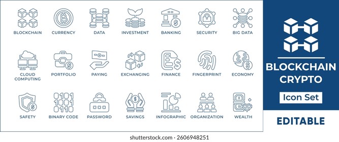 Minimalist blockchain line icon set featuring cryptocurrency, decentralization, smart contracts, digital ledger, Bitcoin, Ethereum, secure transactions, fintech, NFTs, and cryptographic security.