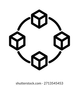 Ícone minimalista de rede blockchain com cubos conectados, representando sistemas descentralizados, blocos de dados e tecnologia de razão distribuído