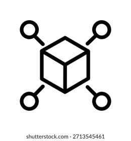 Ícone minimalista da rede blockchain mostrando um cubo central conectado a vários nós, representando sistemas descentralizados e conectividade de dados