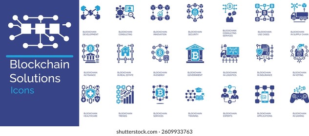 Minimalist blockchain solutions icon set featuring flat design, solid colors, and tech-themed concepts. Ideal for fintech, crypto, and digital innovation projects.