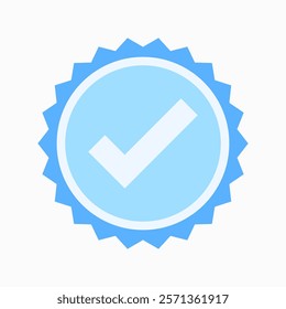 A minimalist blue badge icon vector with a white checkmark at the center, symbolizing verification and approval. Clean design, perfect for branding or digital use