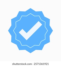 A minimalist blue badge icon vector with a white checkmark at the center, symbolizing verification and approval. Clean design, perfect for branding or digital use