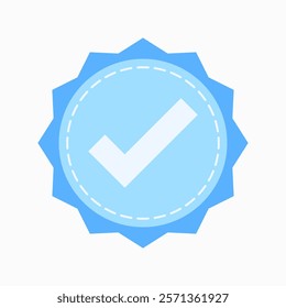 A minimalist blue badge icon vector with a white checkmark at the center, symbolizing verification and approval. Clean design, perfect for branding or digital use